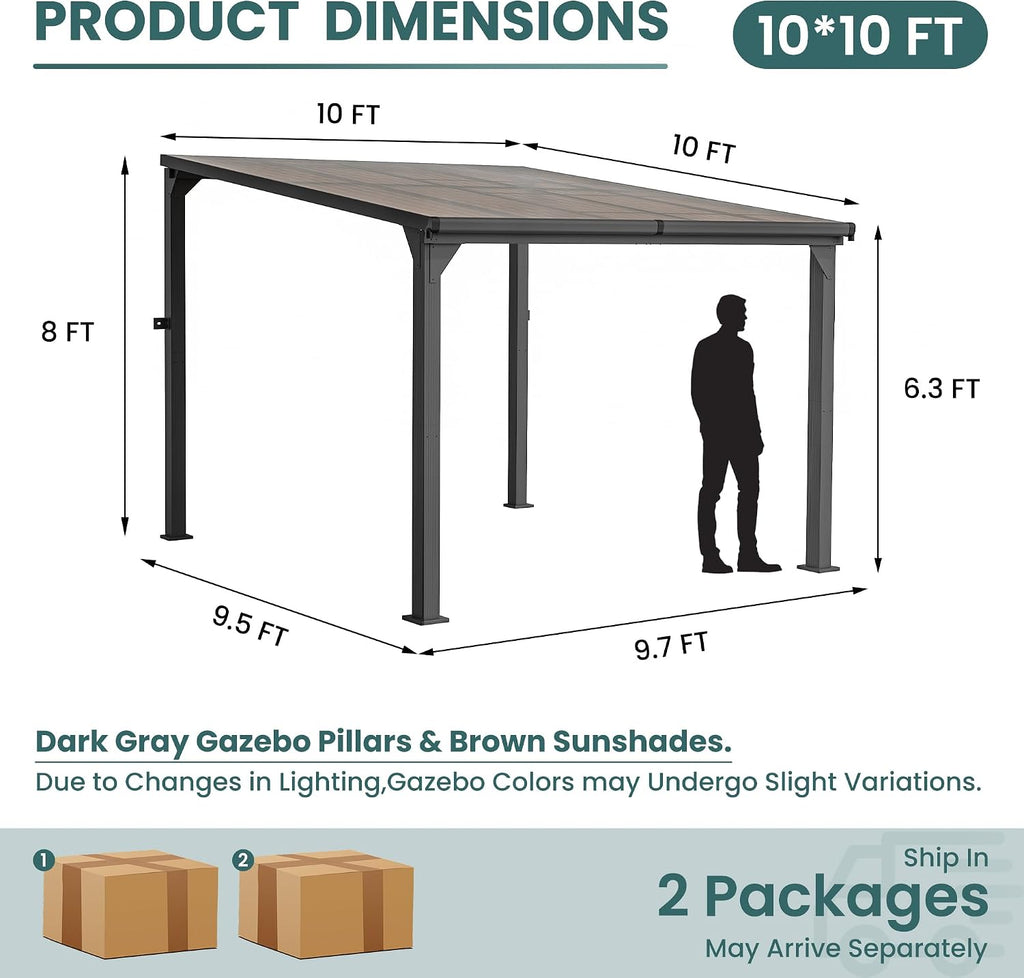 10 * 10FT Pergola,4 * 4 Inch Thickened Pillars & Enlarged Base,Outdoor Hardtop Lean to Gazebo,Wall Mounted Pergola,Pergolas Gazebos Clearance,Aluminum Frame Pergola,UV Resistant Patio Roof
