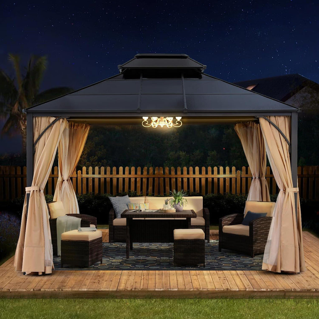 ABCCANOPY Double Roof Outdoor Hardtop Gazebo 10x12 - Patio Polycarbonate Hard Top Gazebos with Curtain and Netting (Beige)