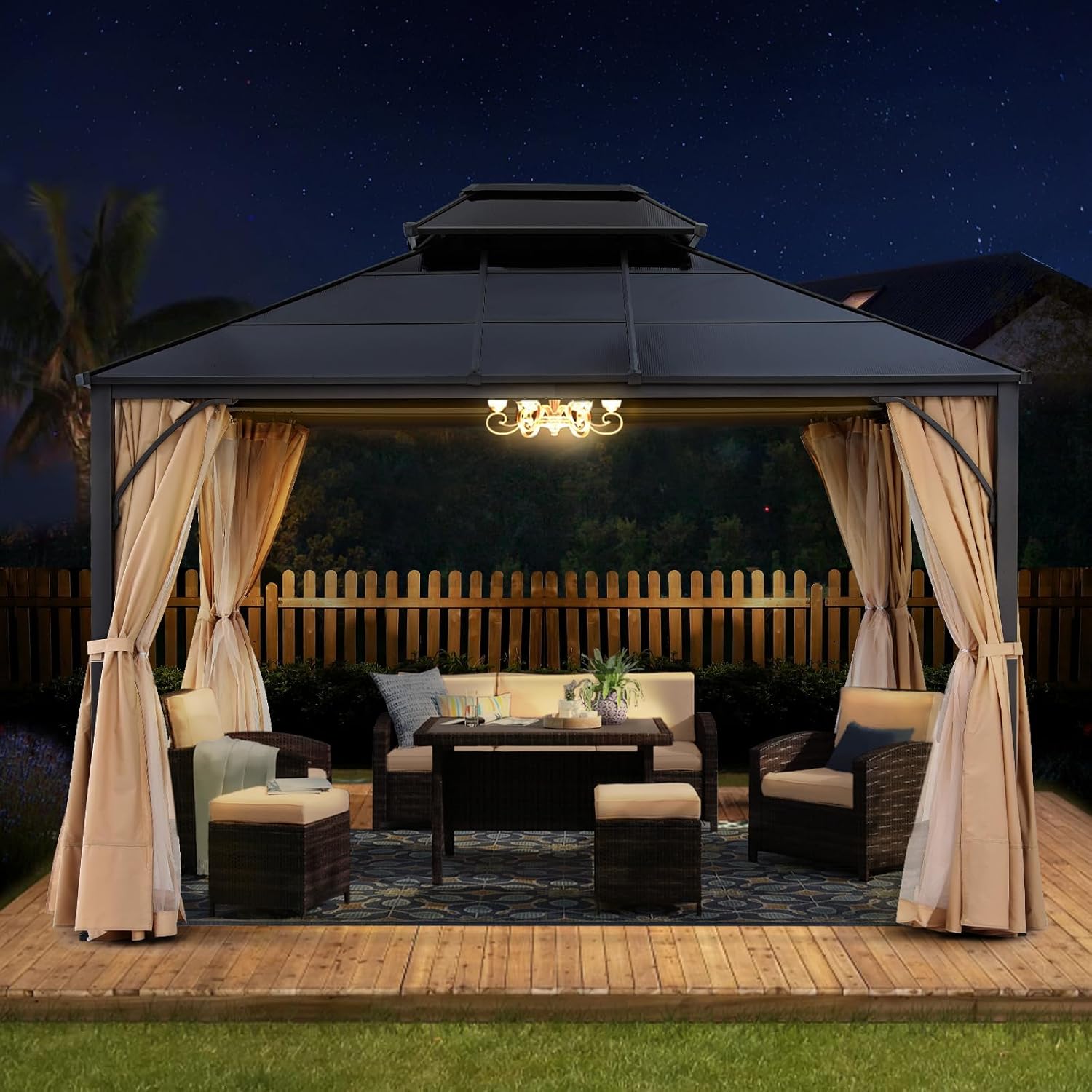 ABCCANOPY Double Roof Outdoor Hardtop Gazebo 10x12 - Patio Polycarbonate Hard Top Gazebos with Curtain and Netting (Beige)