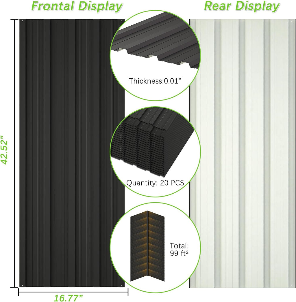 Roof Panels 20 pcs L42.52×W16.77 inch Galvanized Steel, Metal Corrugated Tin Roofing Panels Gazebo Top Cover Heavy Duty Roof Replacement for Patio Outdoor Garden, Black