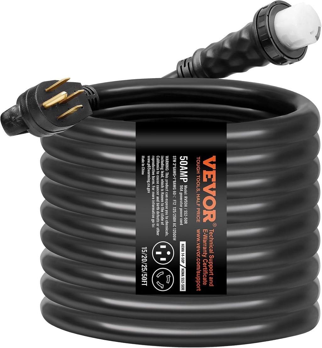 VEVOR 50 Amp Generator Cord and Power Inlet Box Kit, 50FT Generator Extension Cord NEMA 14-50P/SS2-50R STW 6/3+8/1 AWG with Twist Lock Connector, Pre-Drilled Inlet Box, ETL Listed