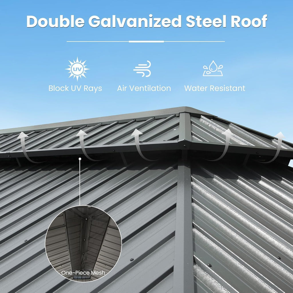 Domi 12' X 16' Hardtop Gazebo, Upgraded Metal Gazebo with Drainage System, Dual-Layer Galvanized Steel Roof, Curtain and Netting, Outdoor Shelter Canopy for Patio, Garden, and Backyard, Grey