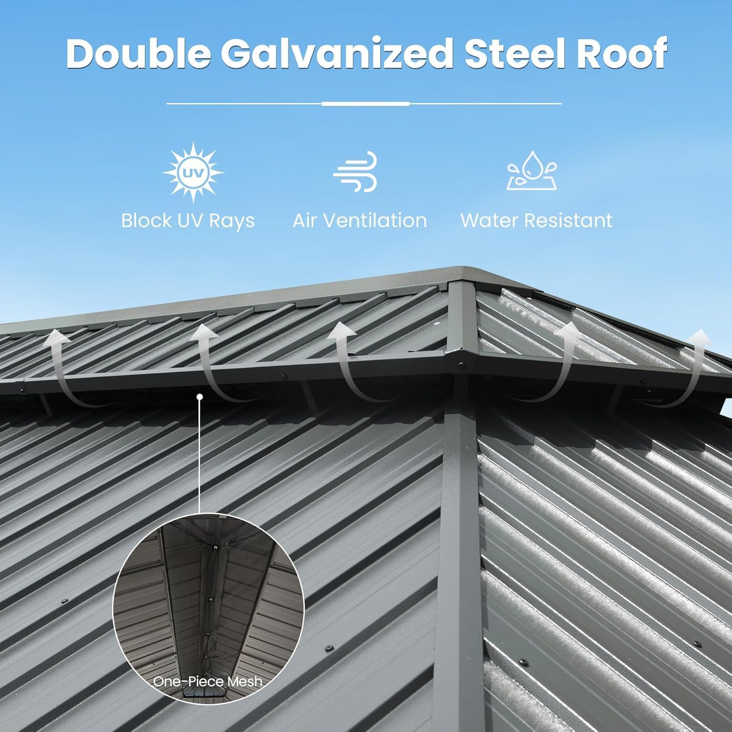 Domi 12' X 16' Hardtop Gazebo, Upgraded Metal Gazebo with Drainage System, Dual-Layer Galvanized Steel Roof, Curtain and Netting, Outdoor Shelter Canopy for Patio, Garden, and Backyard, Grey