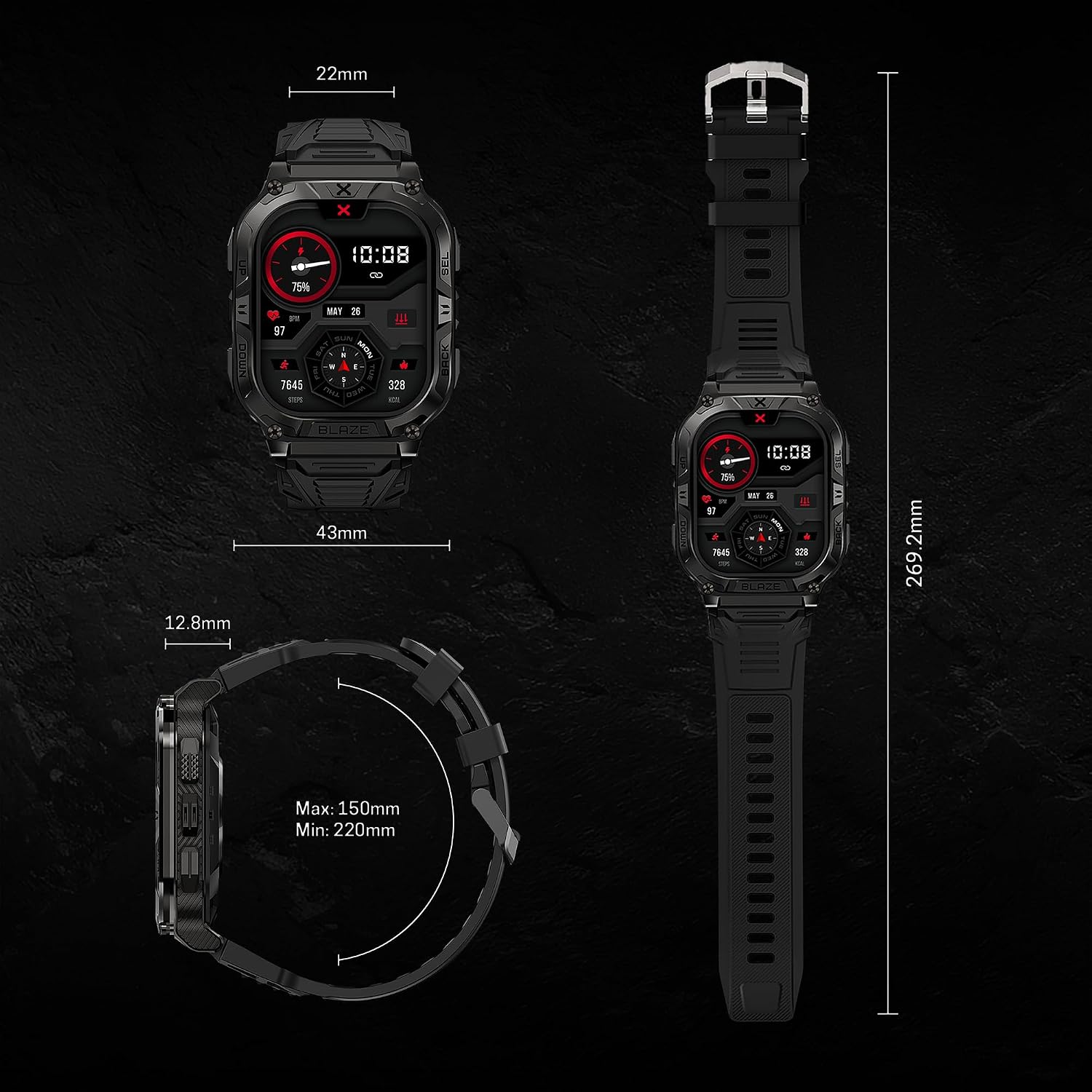 CARBINOX Blaze Smart Watch with GPS – Rugged Fitness Trackers, IP69K Waterproof, 170+ Sports Modes, Gorilla Glass, Make/Receive Calls, Android & iOS Compatible