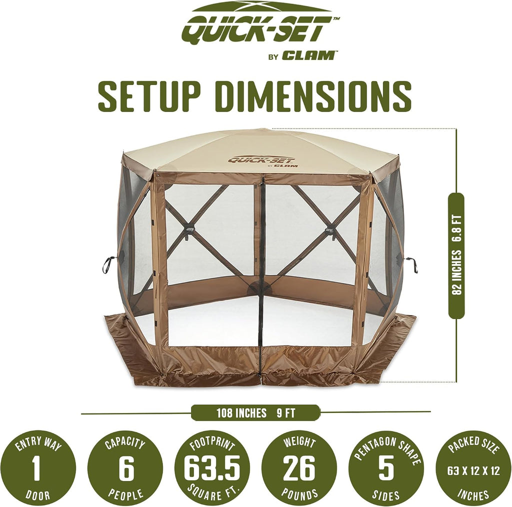 CLAM Quick-Set Pop Up Screen Tent, Venture, 9 x 9 ft, Instant Setup Brown Portable Outdoor Gazebo Canopy Shelter, Compact Bug-Free Camping Tent for Backyard, Beach, Tailgating - Brown