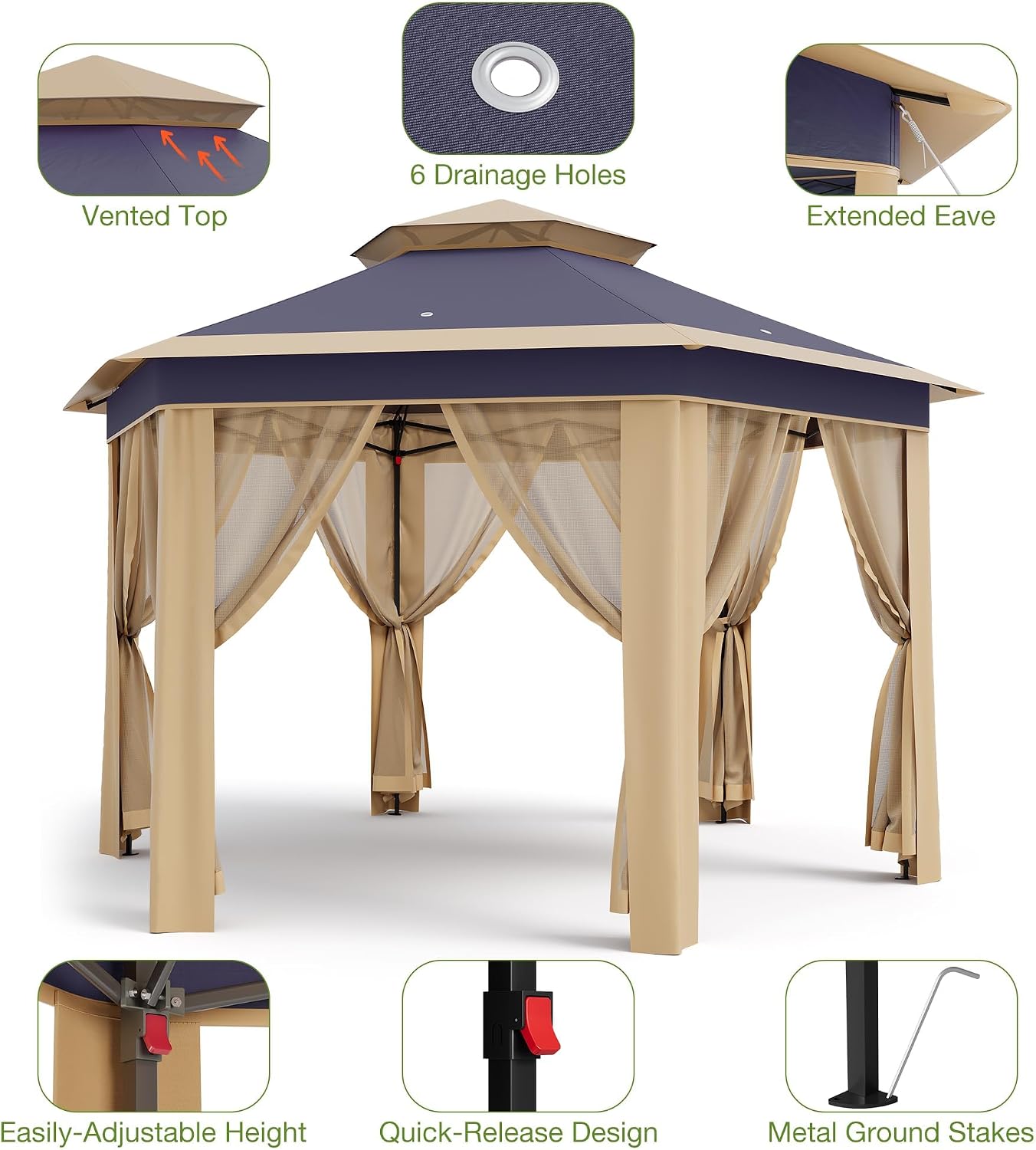 13 x 13FT Pop Up Gazebo, Instant Canopy Tent with Mosquito Net & Double Roof, Pop Up Canopy Tent Adjustable Height for Patio, Party, Gray&Khaki