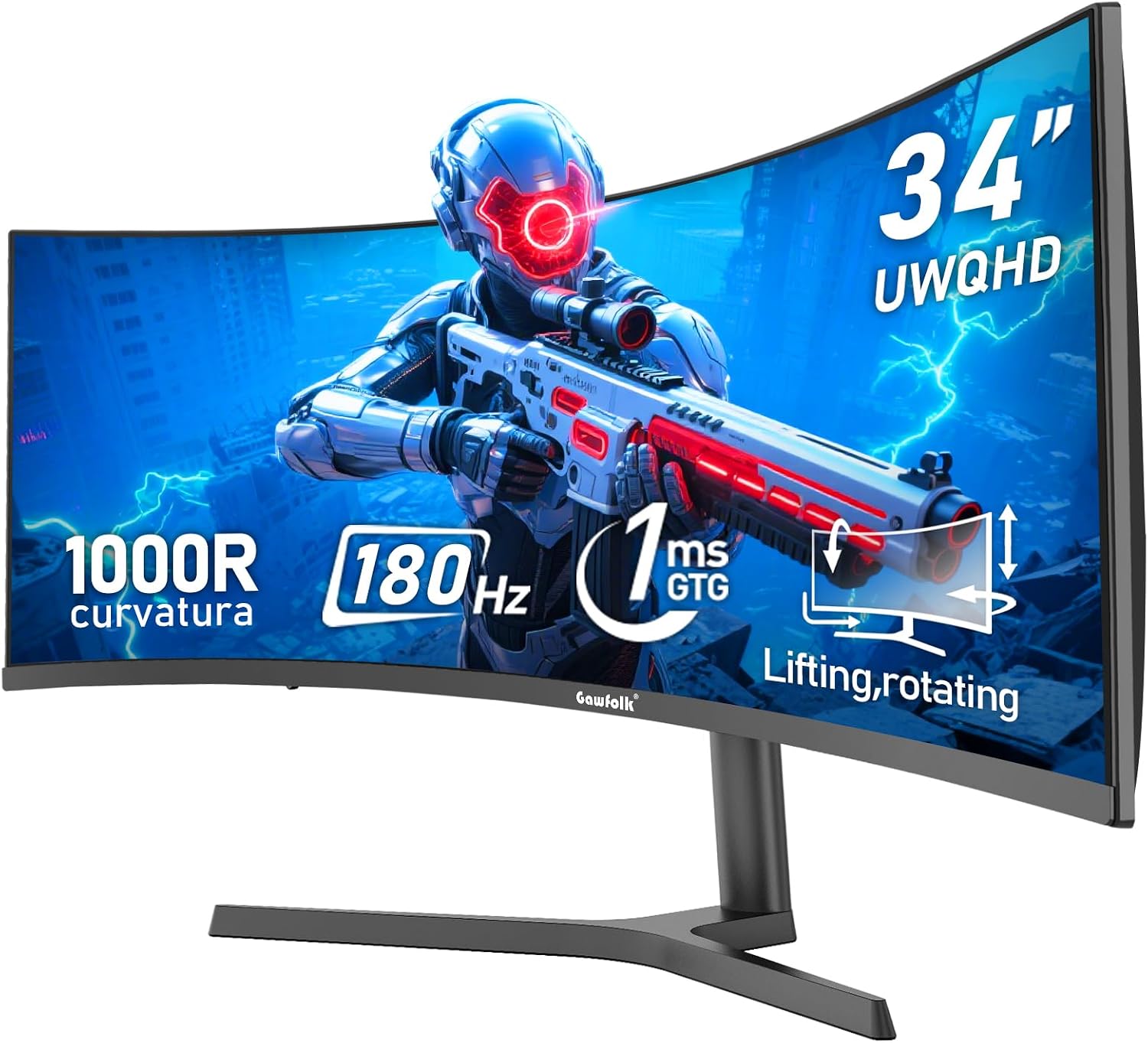 Gawfolk 34 Inch Ultrawide Curved 180Hz Gaming Computer Monitor 1000R PC screen 21:9 UWQHD (3440x1440) ,1ms,100%sRGB,Adaptive Sync,HDMI、Display Port,Liftable Stand,Wall Mount Compatible 75*75mm-Black
