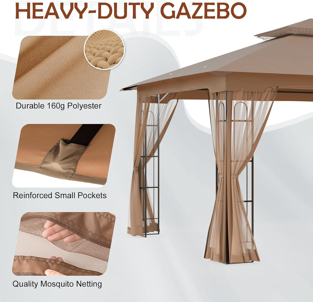 COOS BAY 10x12 Outdoor Patio Gazebo with Netting, Two Tier Water Resistant Canopy for Backyard, Brown