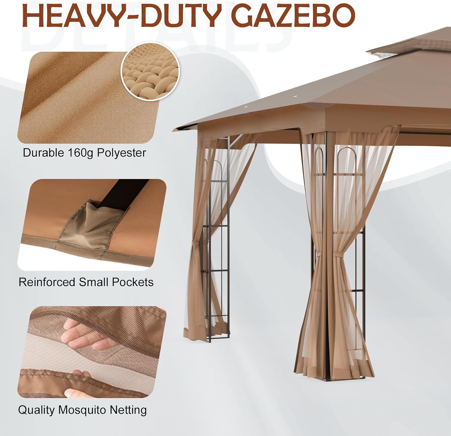 COOS BAY 10x12 Outdoor Patio Gazebo with Netting, Two Tier Water Resistant Canopy for Backyard, Brown