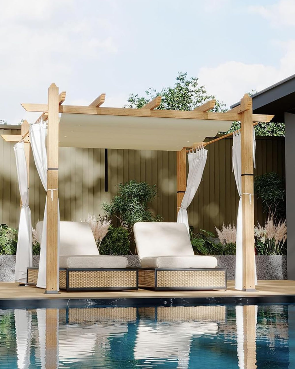 IDEALHOUSE 10 x 10 FT Patio Pergola, Aluminum Patio Gazebo with Retractable Sun Shade &Side Mesh, Metal Pergola Shelter for Backyard Deck Garden, Wood-Grain