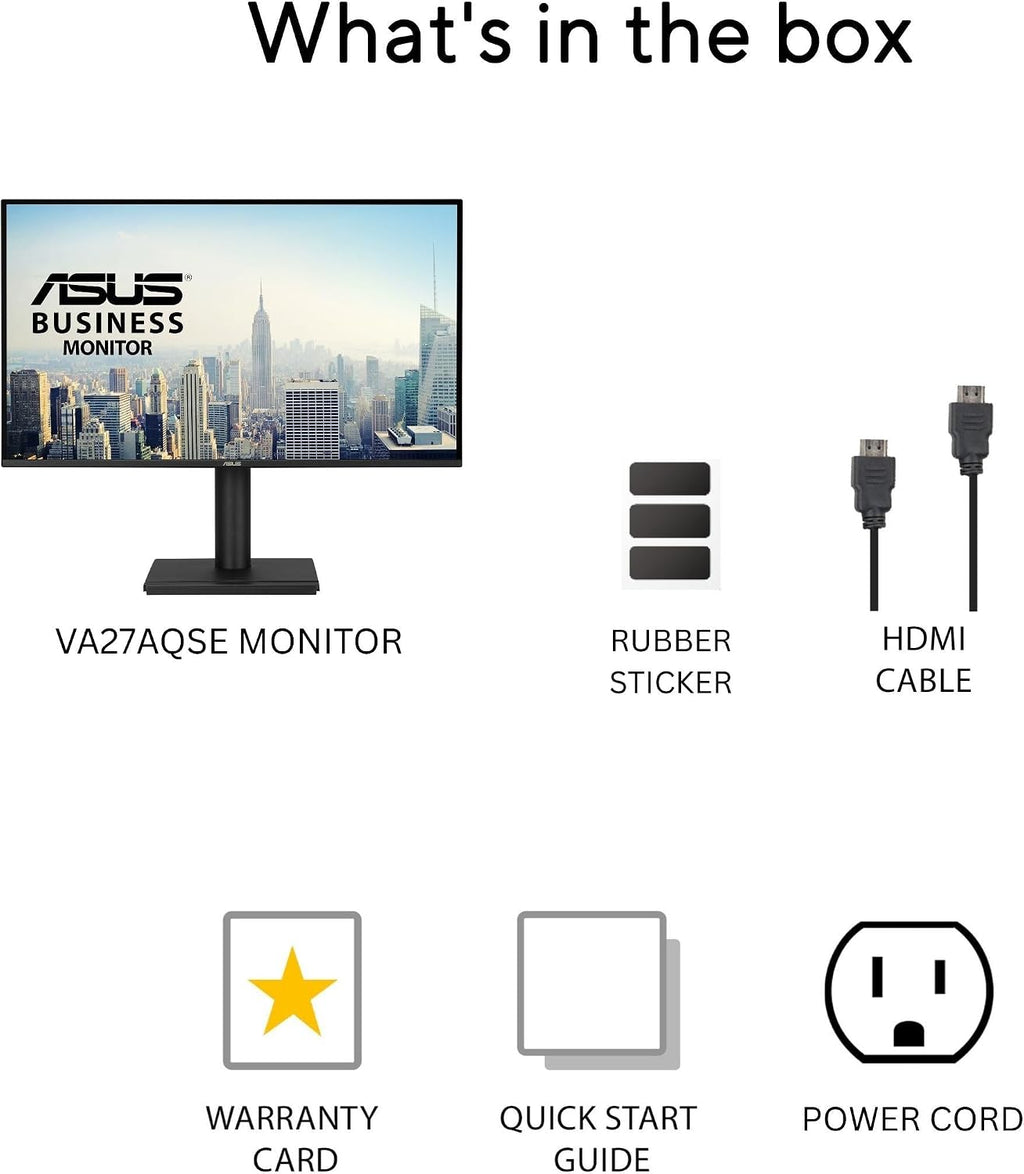 ASUS 27' 1440P Business Monitor (VA27AQSE) - IPS, QHD, 99% sRGB, Frameless, HDMI, DisplayPort, VGA, 1ms, Speakers, Low Blue Light, Flicker Free, Ergonomic Design, VESA Wall Mountable, 3 yr Warranty