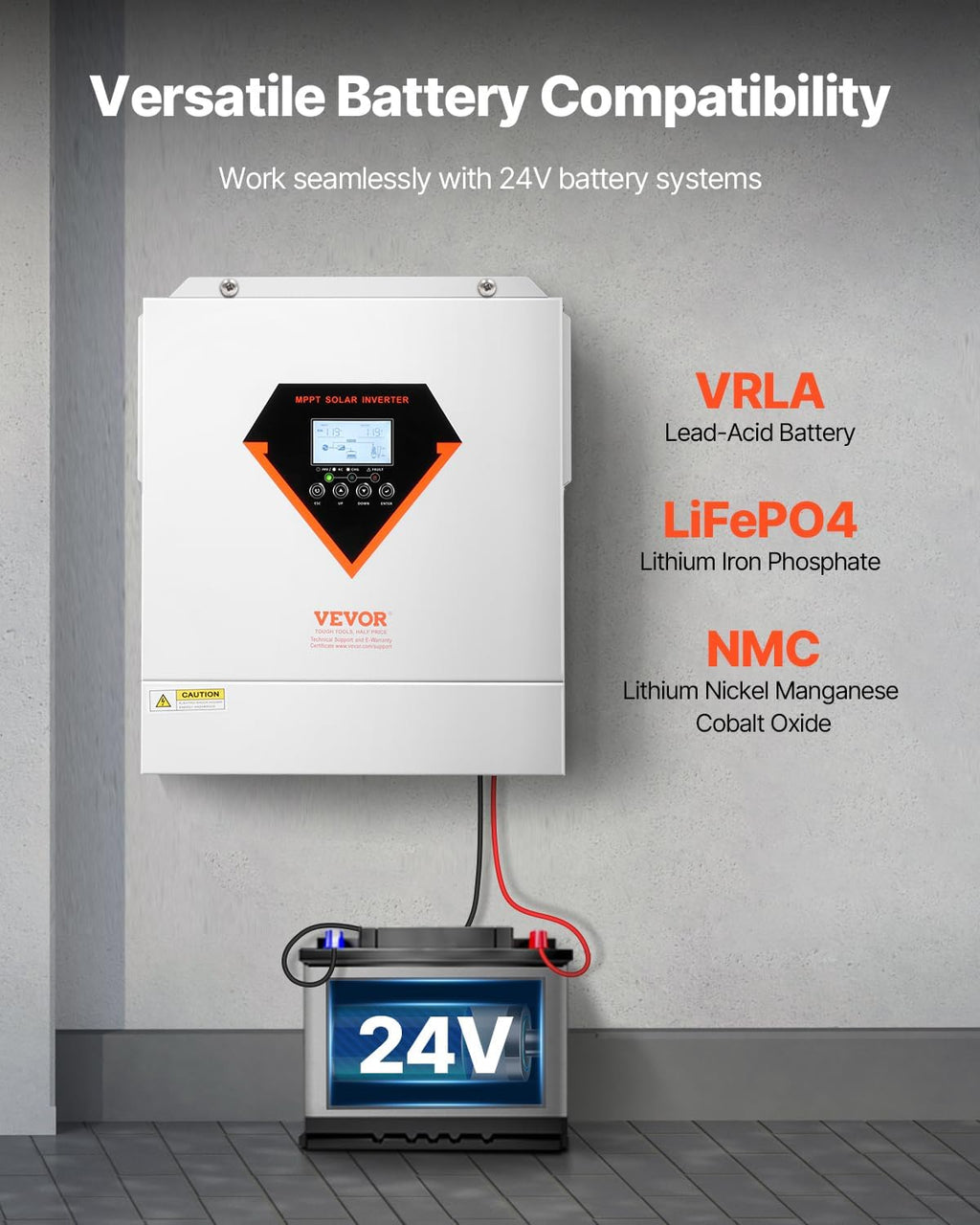 VEVOR Hybrid Solar Inverter, 3000W, Single Phase Pure Sine Wave Power Inverter, 24V DC to 110/120V AC, with Built-in 100A MPPT Solar Charge Controller, for Off-Grid System Lead Acid Lithium Battery