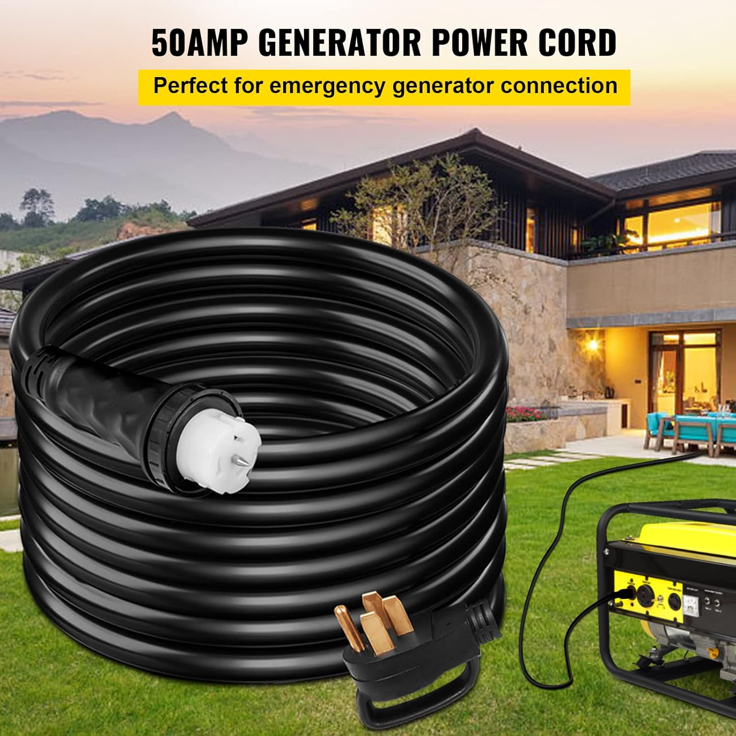 VEVOR 50FT 50 Amp Generator Extension Cord, STW 45446 + 45505 125V 250V Generator Power Cord, N14-50P & SS2-50R & CS6364 Twist Lock Connectors