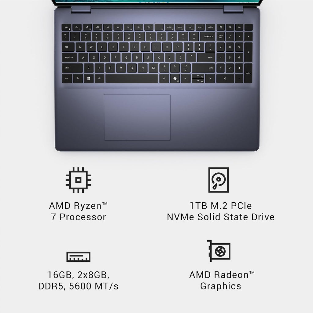 Dell Inspiron 16 5645 Laptop - 16.0 16:10 FHD+ (1920 x 1200) Display, AMD Ryzen 7-8840U, 16GB DDR5 RAM, 1TB SSD, AMD Radeon Graphics, Windows 11 Home, Onsite & Migrate Services - Midnight Blue