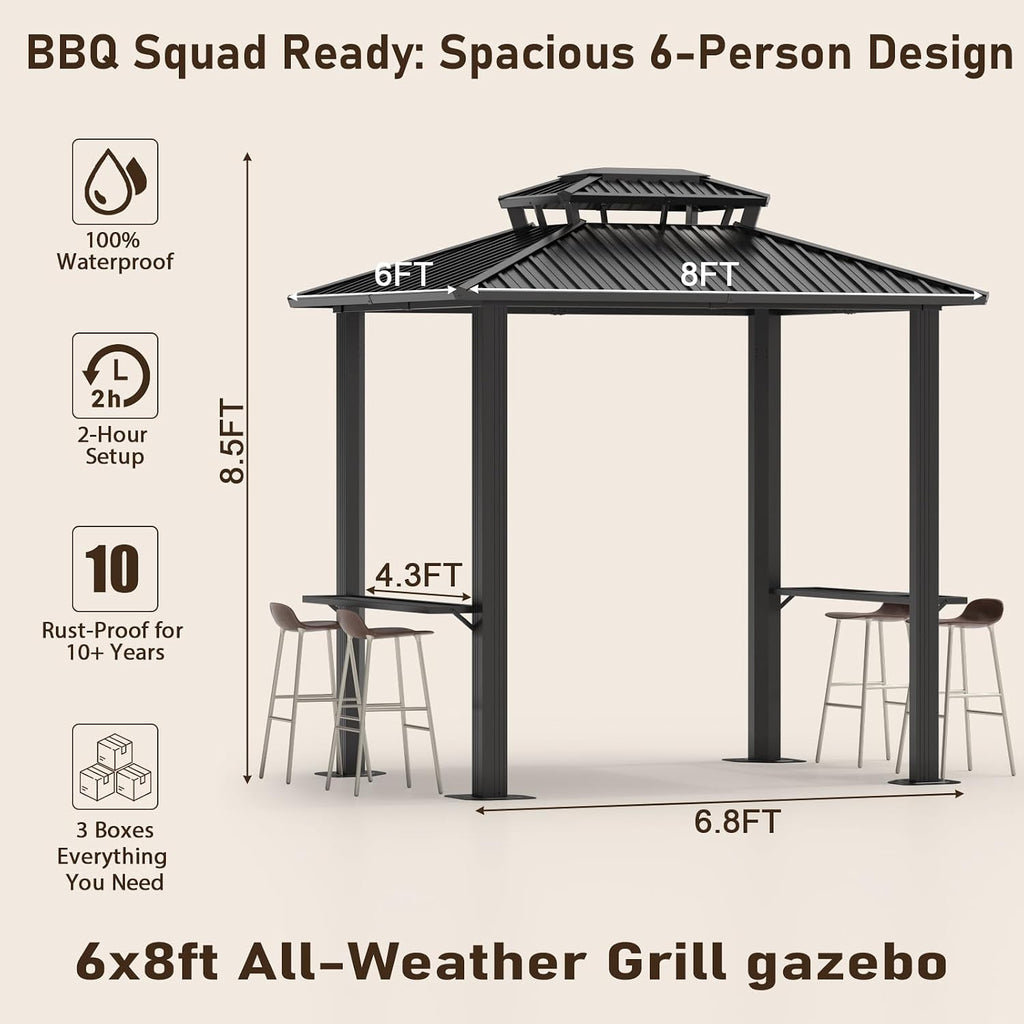 Hoteel 6x8FT Hardtop Grill Gazebo, Outdoor Patio Aluminum Frame Barbecue Gazebo with Galvanized Steel Double Roof and 2 Side Shelves for Deck Lawn Backyard Garden and Party, Black(2026 Version)