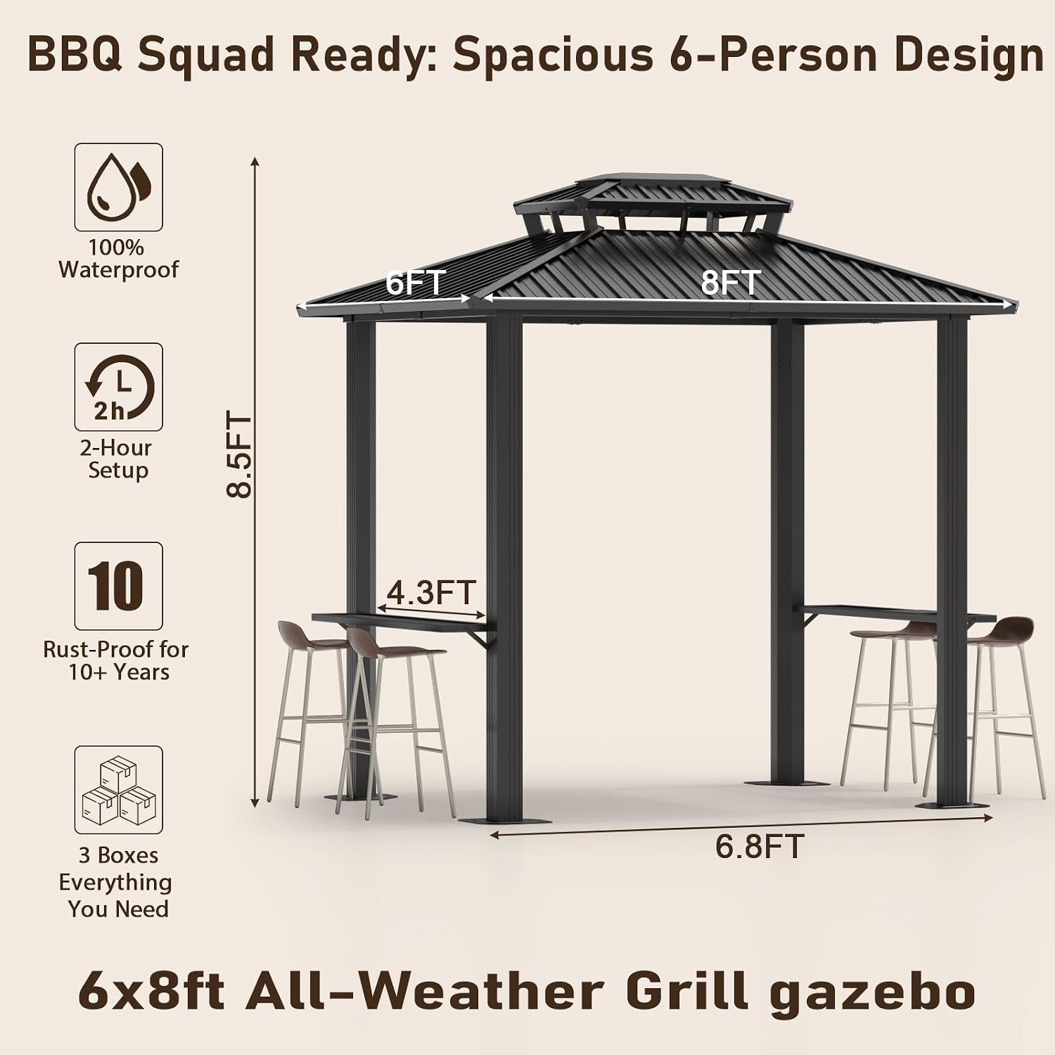 Hoteel 6x8FT Hardtop Grill Gazebo, Outdoor Patio Aluminum Frame Barbecue Gazebo with Galvanized Steel Double Roof and 2 Side Shelves for Deck Lawn Backyard Garden and Party, Black(2026 Version)