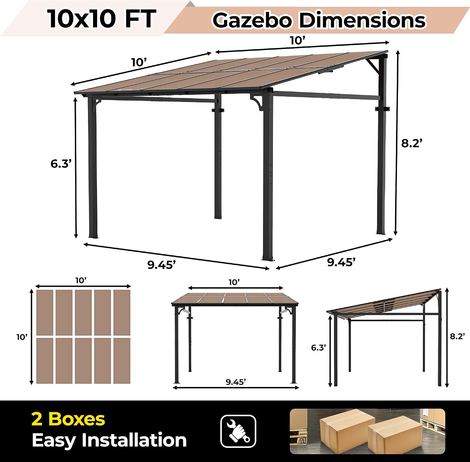 10' x 10' Gazebo Pergola Awnings for Patio, Wall Mounted Gazebos Pergola on Clearance with Metal Frame, Lean to Gazebo Patio Canopy Outdoor Pergolas for Patios, Deck, Porch, Backyard