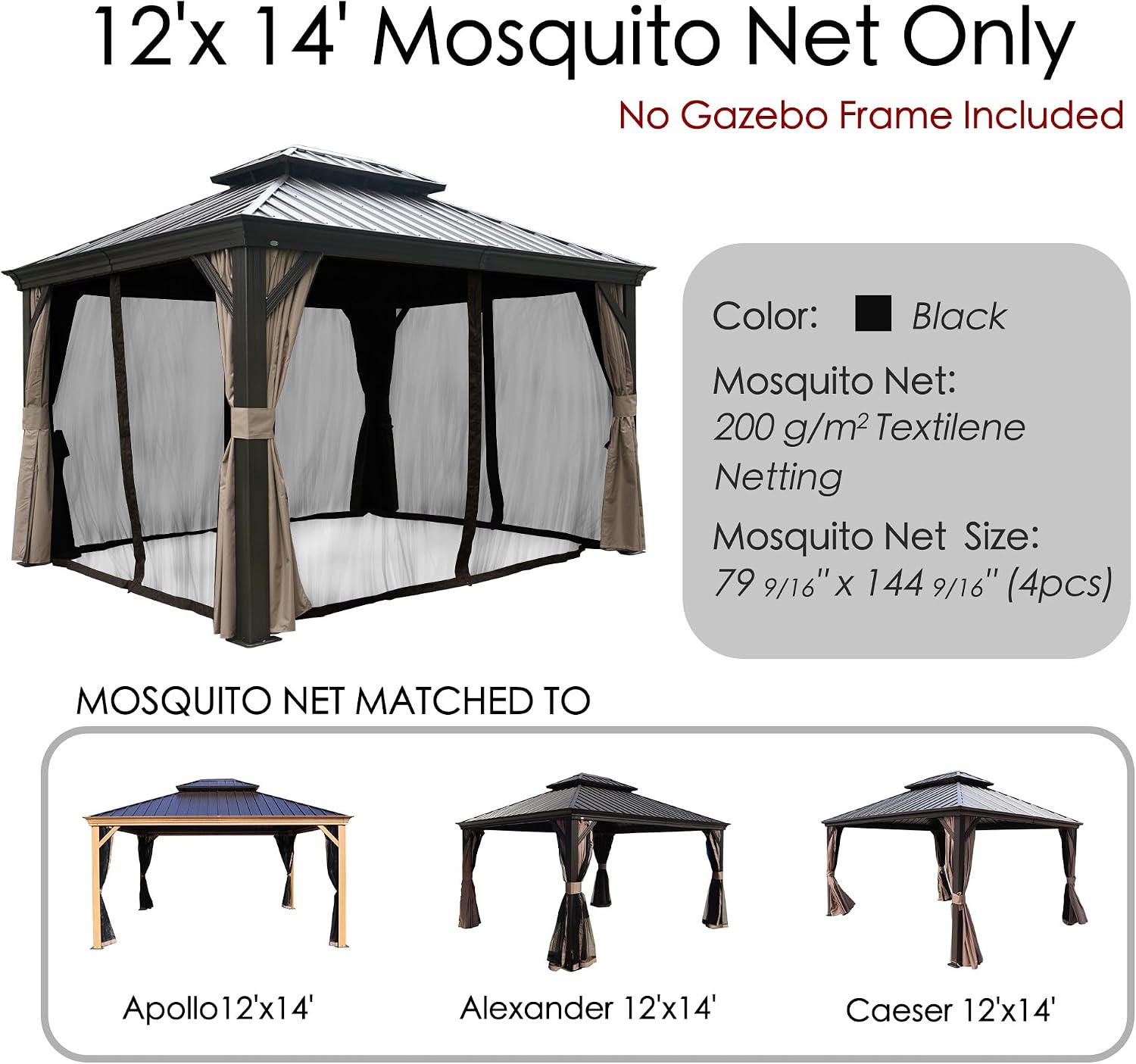 Kozyard Gazebo Privacy Screen Netting for 12' x 14' Gazebo, Textilene Mesh Net for Hardtop Gazebo, Breathable Outdoor Gazebo Netting