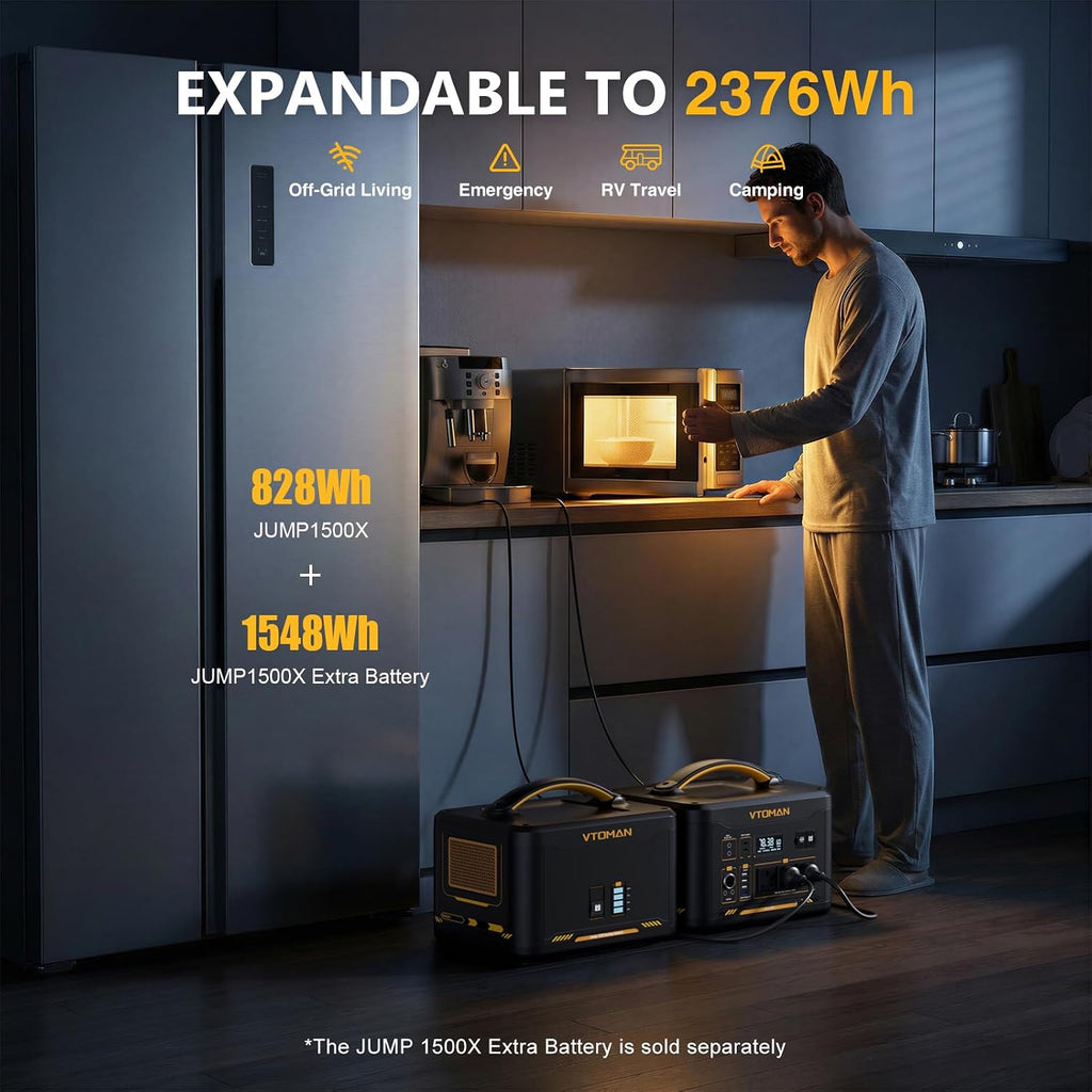 VTOMAN Jump1500X Portable Power Station, 828Wh LiFePO4 Battery Solar Generator with Jump Start, 1500W AC Outlet, 100W PD Type-C, Large Capacity Expandable to 2376Wh for Camping, RV Travel, Home Backup