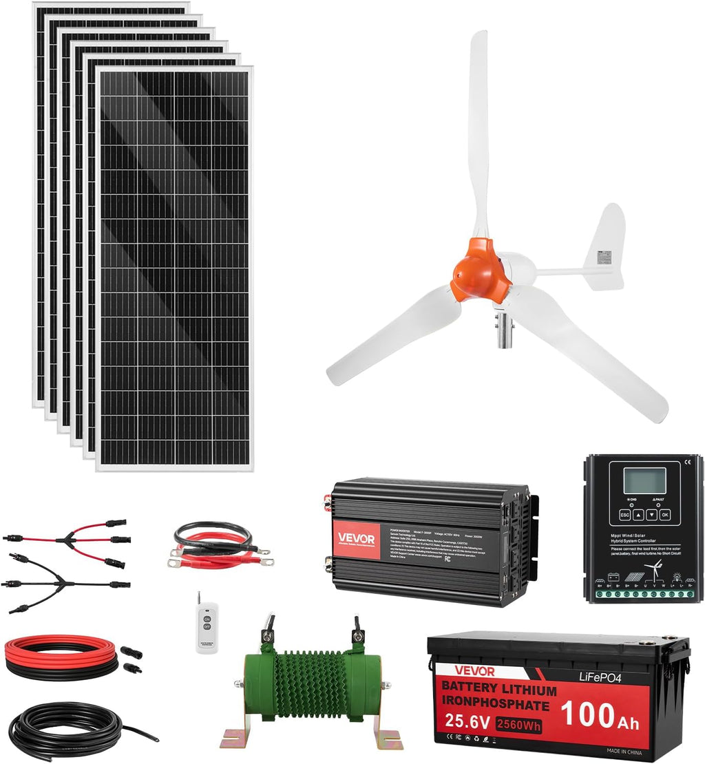 VEVOR 24V 1000W Solar Wind Power Kit, 6*100W Solar Panel + 400W Wind Turbine + 25.6V 100Ah LiFePO4 Battery + 3000W Power Inverter + MPPT Wind/Solar Hybrid Controller for Home Boat Cabin Farm Off-Grid
