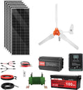VEVOR 24V 1000W Solar Wind Power Kit, 6*100W Solar Panel + 400W Wind Turbine + 25.6V 100Ah LiFePO4 Battery + 3000W Power Inverter + MPPT Wind/Solar Hybrid Controller for Home Boat Cabin Farm Off-Grid
