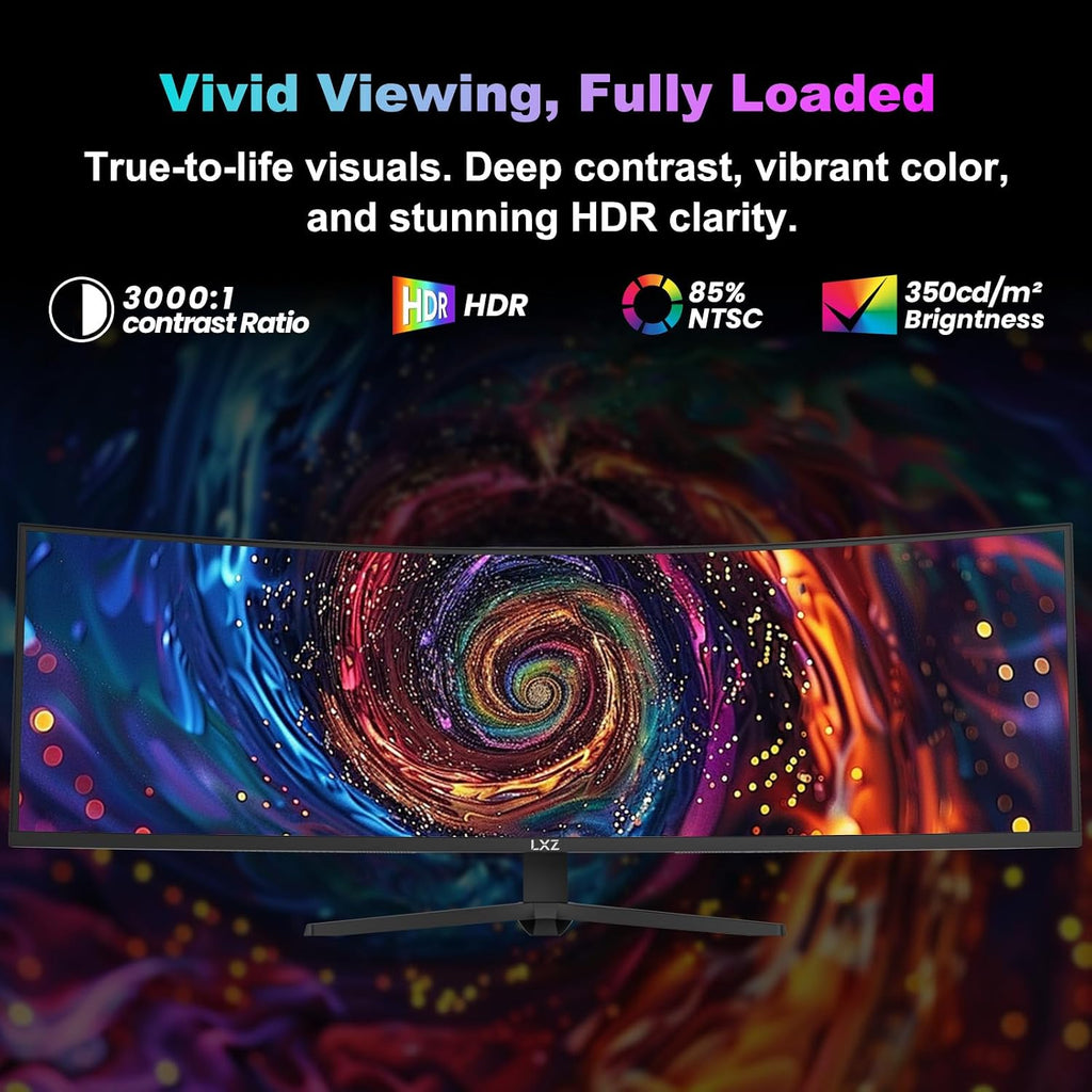 LXZ 49.5' Curved Gaming Monitor, 5120x1440 DQHD Ultrawide 32:9, 165Hz, 1ms MPRT, AMD FreeSync Premium, Height/Pivot/Swivel Adjustable, HDMI 2.1 & DP 1.4, VESA 75×75mm Mount Compatible