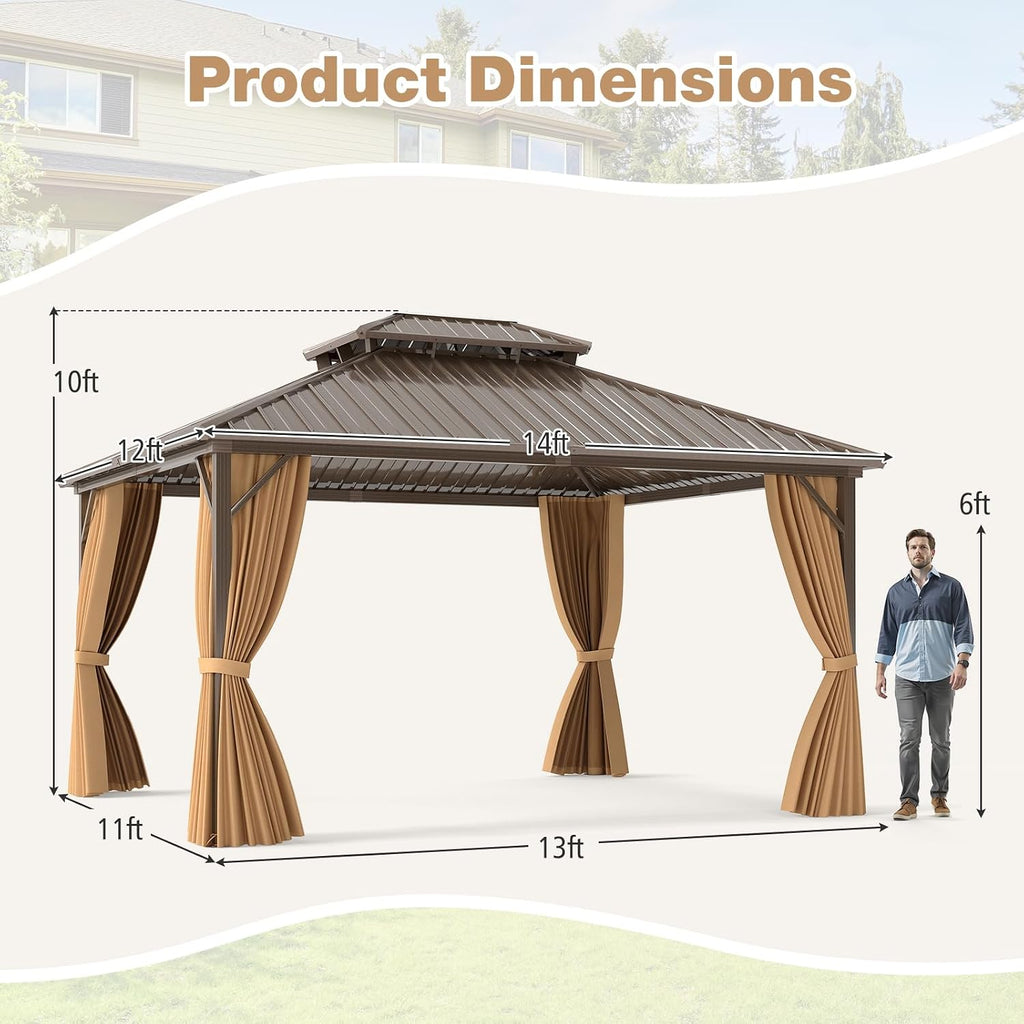 Tangkula 12x14 FT Hardtop Gazebo, Outdoor Permanent Pavilion Shelter with Netting & Curtain, Heavy-Duty Double Galvanized Metal Roof, Aluminum Frame, Outdoor Gazebo for Patio Garden Deck Lawn