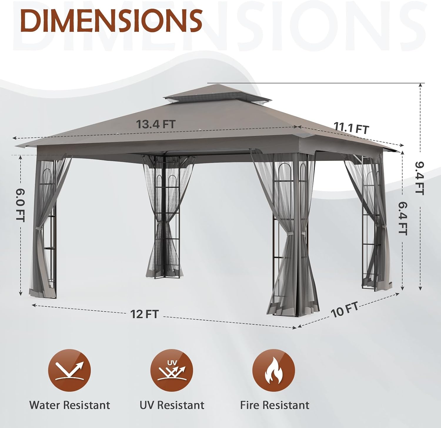 COOS BAY 10x12 Outdoor Patio Gazebo with Netting, Two Tier Water Resistant Canopy for Backyard, Gray