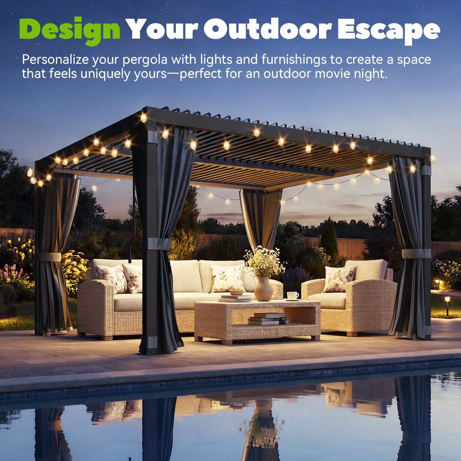 MELLCOM Louvered Pergola 10x10, Steel Aluminum Pergola with Adjustable Louvered Roofs, Outdoor Gazebo with Waterproof Curtains and Nets, Black