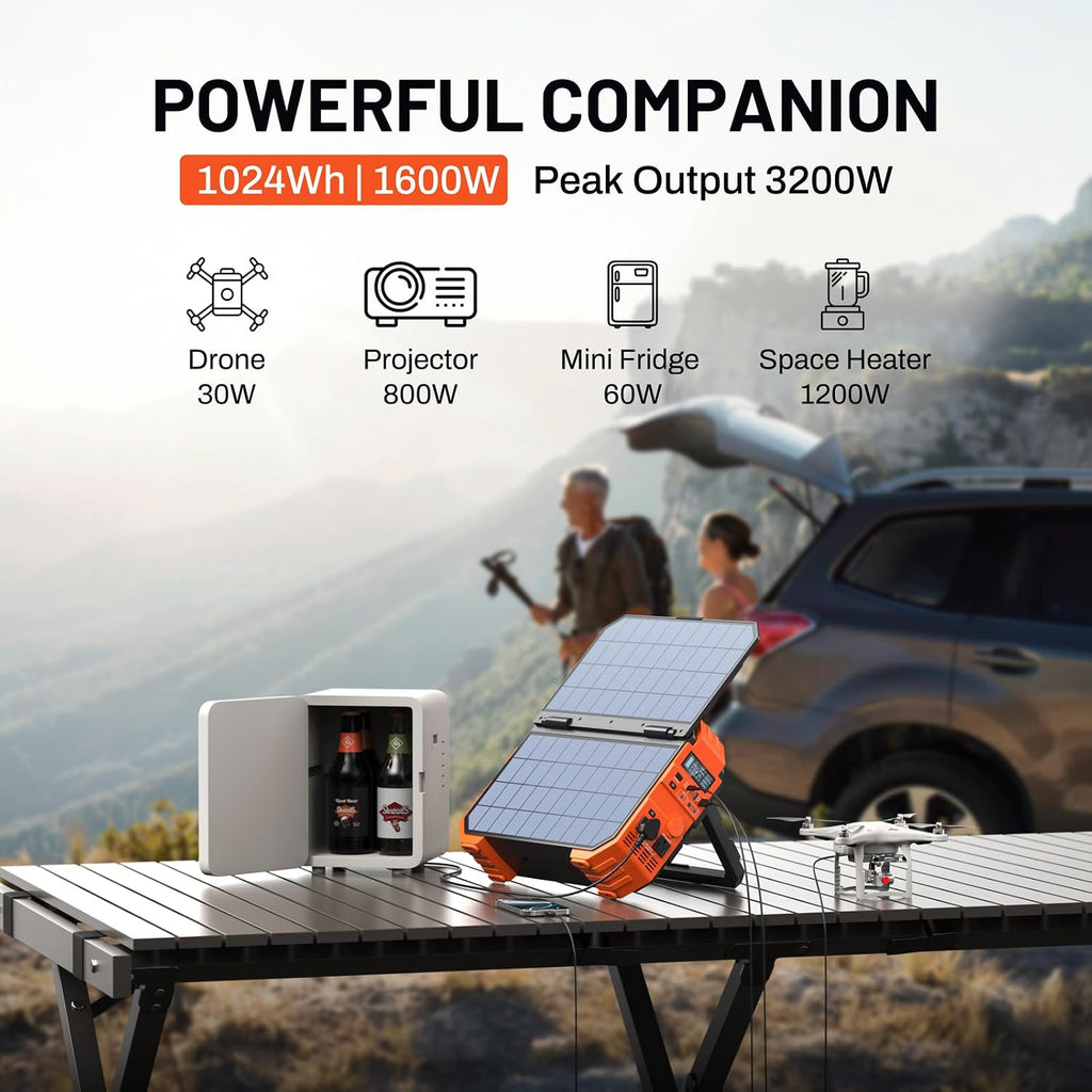 BROWEY 1600W (3200W Peak) Portable Power Station, 1024Wh LiFePO4 Battery with Built-in Solar Panel, 100W USB-C PD, Solar Generator for Camping, RV, Home Backup, Emergency