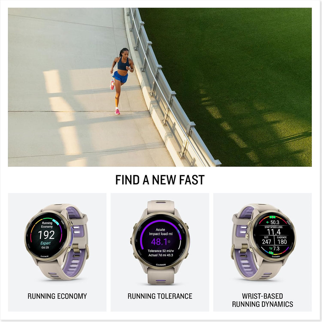 Garmin Forerunner 970 Running Smartwatch, GPS Fitness Watch for Men and Women, Soft Gold Titanium with French Gray Case/Translucent Indigo Band + Access 600 Fitness Monitor, M-XL + More