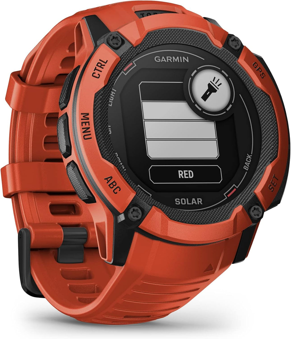 Garmin Instinct 2X Solar, Rugged GPS Smartwatch, Built-in Flashlight, Solar Charging Capability, Multi-Band GNSS, Flame Red