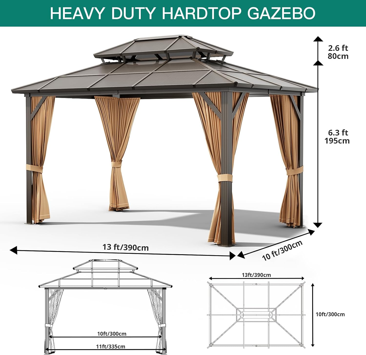 GAOMON 10'x13' Hardtop Gazebo, Outdoor Polycarbonate Double Roof Canopy, Aluminum Frame Permanent Pavilion with Curtains and Netting, Sunshade for Garden, Patio, Lawns (10x13ft)
