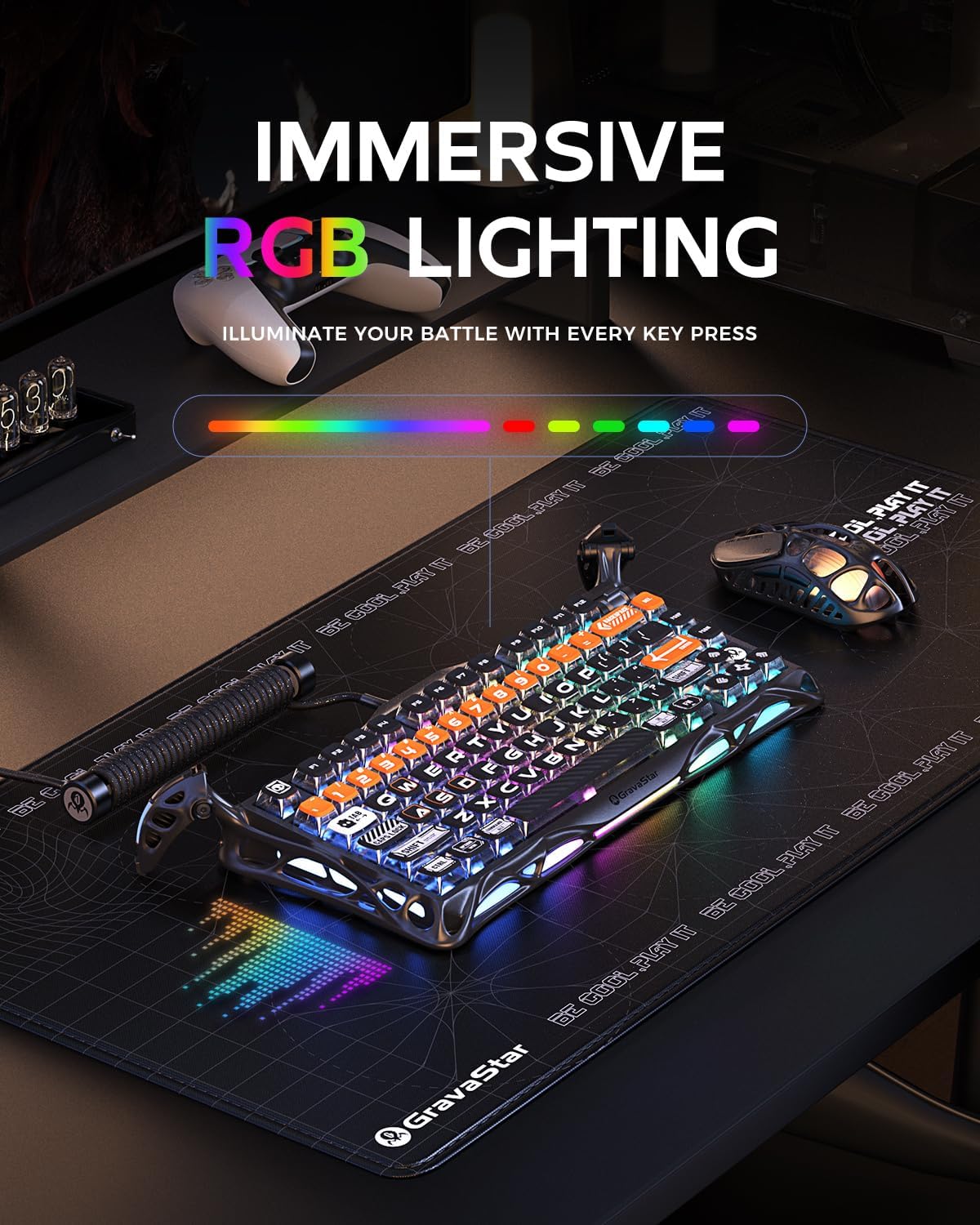 GravaStar Mercury K1 Pro Wireless Mechanical Gaming Keyboard, 75% Layout RGB Custom Keyboard, Aluminum Alloy Matte Black Frame with Phoenix-Inspired Keycaps, Hot-Swappable Linear Switches – CyberFlare