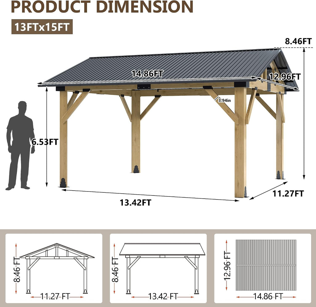 Wood Gazebo 13'x15', Cedar Wooden Gazebos, Outdoor Hardtop Gazebo with Waterproof Steel Roof, Fit Patio, Backyard, Garden, Lawns, Porch