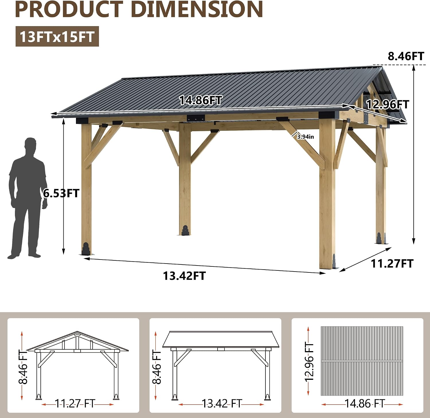 Wood Gazebo 13'x15', Cedar Wooden Gazebos, Outdoor Hardtop Gazebo with Waterproof Steel Roof, Fit Patio, Backyard, Garden, Lawns, Porch