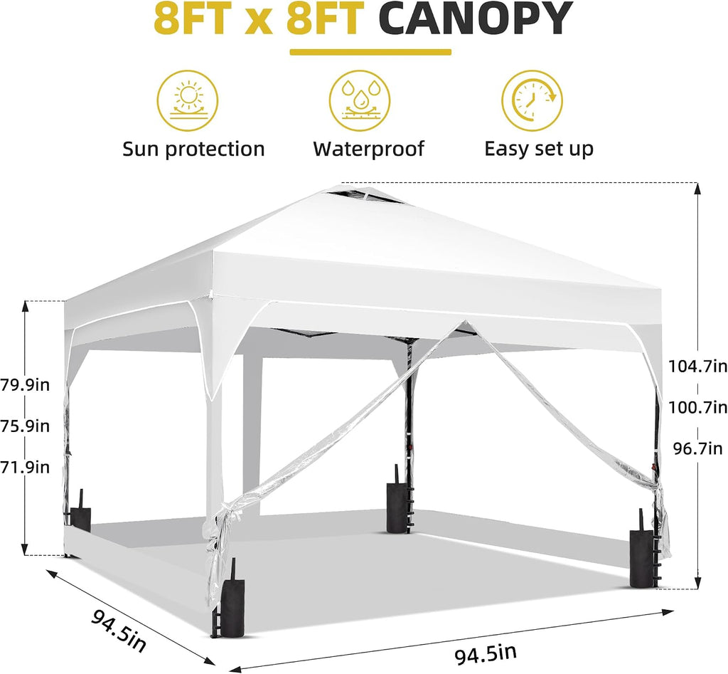 8x8 Pop Up Canopy Tent with One Push Setup, Outdoor Sun Shade Canopy for Backyard Party, Easy Up Instant Shelter with 4 PVC Transparent Sidewalls, 4-Sandbags & Hand Bag, White.