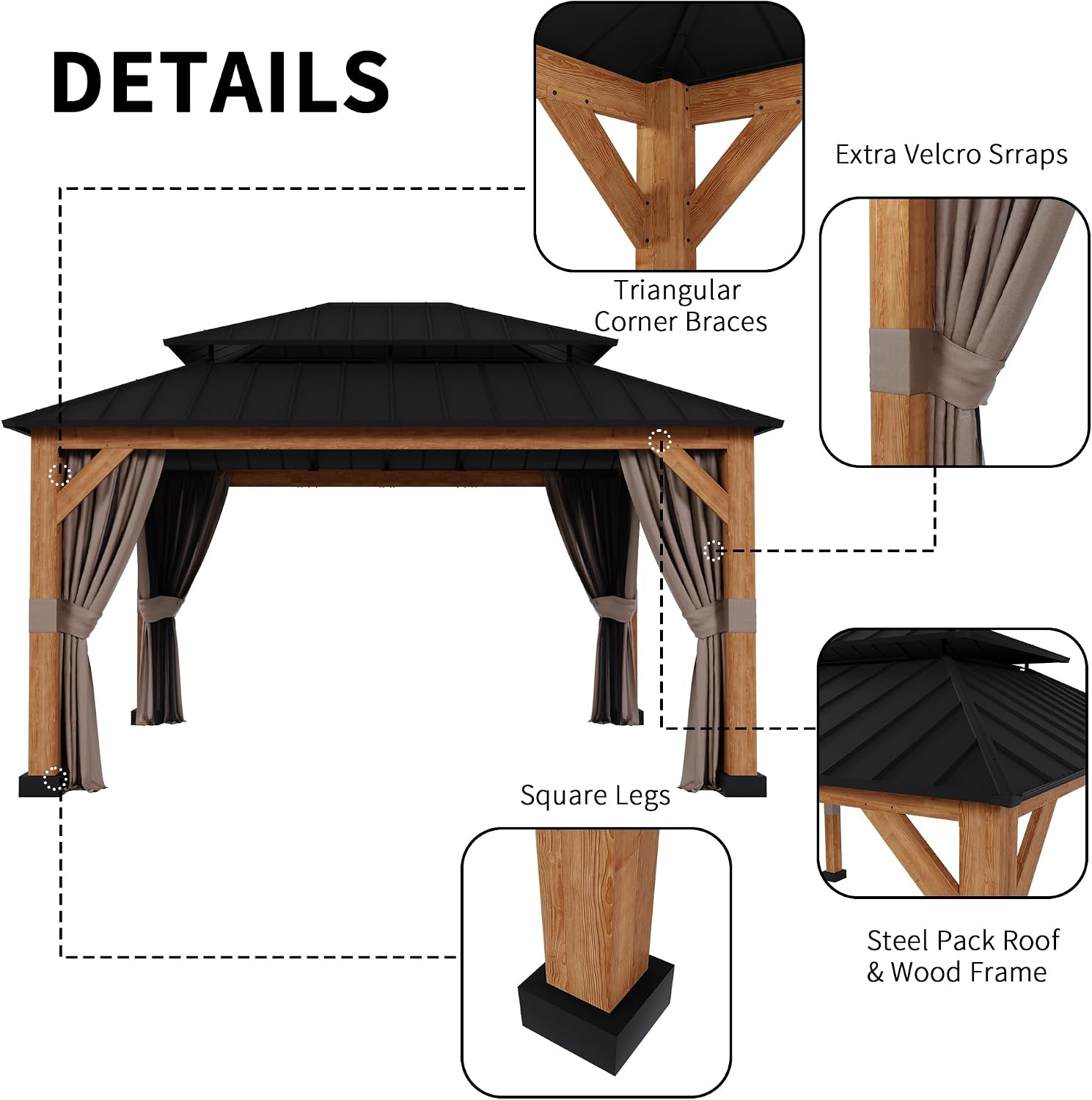 13' x 15' Double Hardtop Gazebo - Outdoor Thermal Transfer Wood-Looking Aluminum Gazebo with Double Hardtop, Privacy Curtains and Mosquito Nettings Included, for Patio, Garden, Backyard