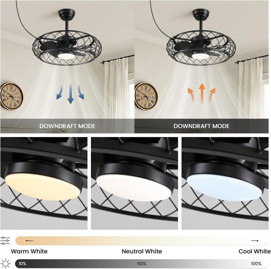 24' Outdoor Ceiling Fan with Light Hanging Plug in Caged Gazebo Fan Remote APP Control 3CCT Dimmable, Quiet Reversible DC Motor Waterproof for Patio Pergola Porch Canopy Black