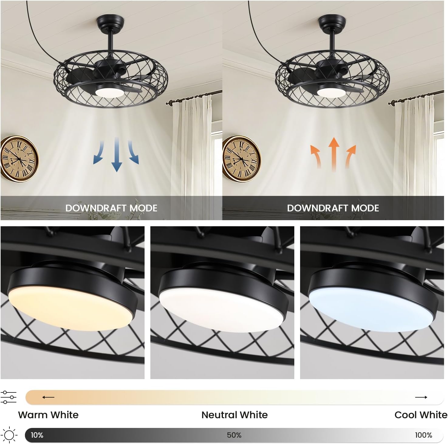24' Outdoor Ceiling Fan with Light Hanging Plug in Caged Gazebo Fan Remote APP Control 3CCT Dimmable, Quiet Reversible DC Motor Waterproof for Patio Pergola Porch Canopy Black