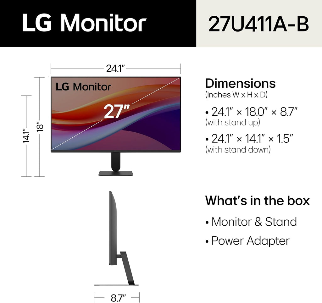 LG 27U411A-B 27-inch Full HD (1920 x 1080) IPS Computer Monitor, 120Hz, HDR10, Reader Mode, Flicker Safe, HDMI, Slim Stand Base, Black