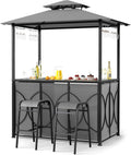 Tangkula 3-Piece Patio Bar Set, Grill Gazebo & 2 Bar Stools with Tempered Glass Bar Table, Metal Storage Shelves, Glass Holders, Double-Tier Soft Top Canopy BBQ Gazebo Shelter for Patio Garden (Grey)