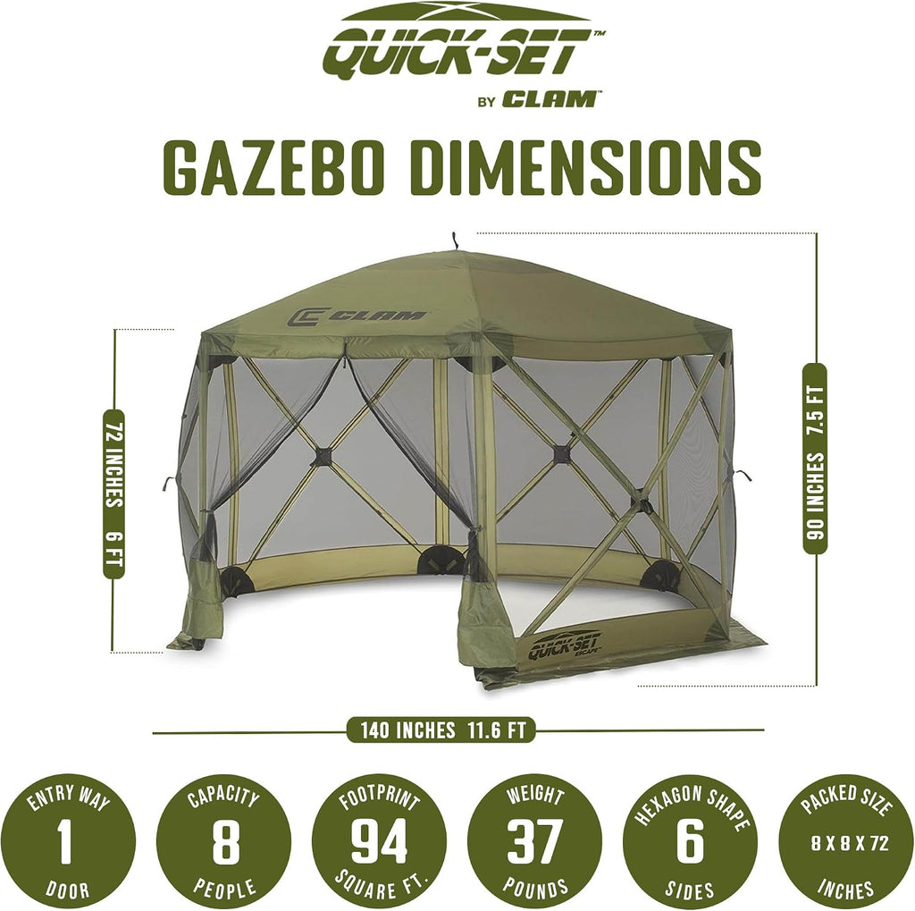 CLAM Escape 11.5' Pop-Up Screen Tent – Green Outdoor Camping Gazebo Canopy with No-See-Um Mesh, Carry Bag & Stakes – 6-Sided Portable Shelter for Camping, Picnics, & Events – Fast 45-Second Setup