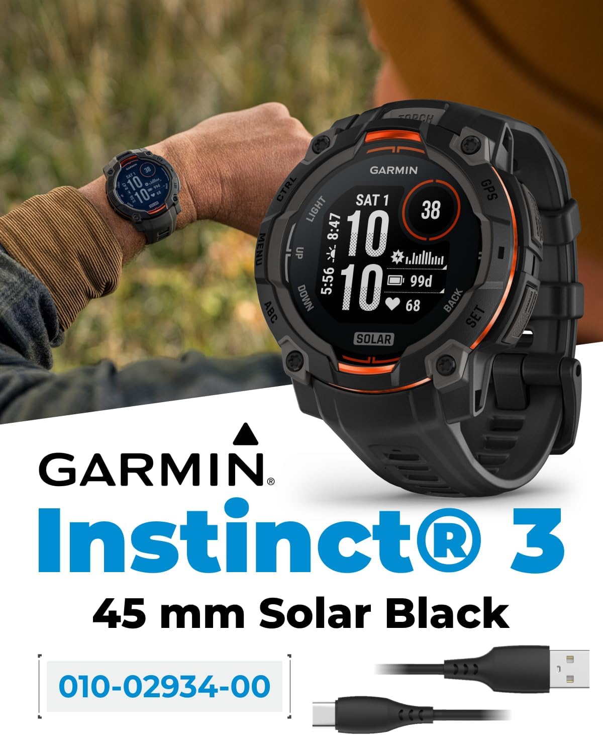 Garmin Instinct 3 Solar 45 mm, Rugged Outdoor GPS Smartwatch, Metal-Reinforced Bezel, Built-in Flashlight, Up to 28 Days of Battery Life, Black with Black Band Bundle