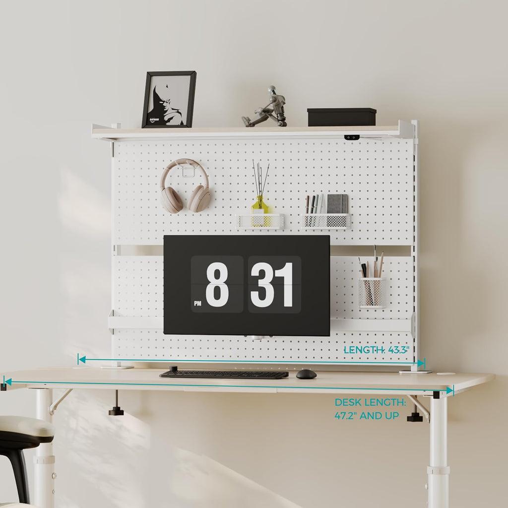 EUREKA ERGONOMIC Desk Pegboard with Dual Monitor Stands, LED Metal Pegboard for Gaming Desk, Privacy Panel with 4 Accessories Modular Hanging, Computer Accessories for Office, 43 x 34 Inch, White