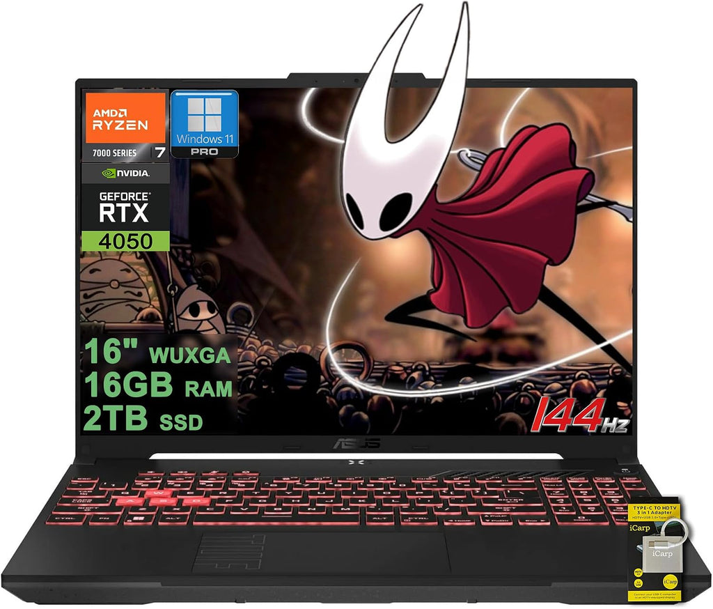 ASUS TUF Gaming A16 Laptop 16' WUXGA IPS 144Hz AMD 6-core Ryzen 7 7445HS 16GB DDR5 2TB SSD NVIDIA GeForce RTX 4050 (Up to 194 AI Tops) RGB Backlit USB4 Two-Way AI Noise Cancelation Win11Pro ICP Hub