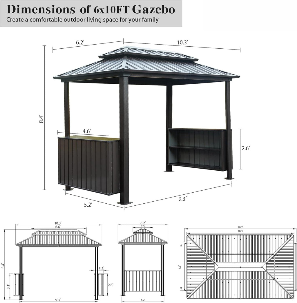 10' x 6' Hardtop Grill Gazebo with Double Galvanized Steel Roof, 2 Storage Cabinets & Ceiling Hooks - Outdoor BBQ Shelter for Patio, Backyard, Lawn, Garden, Brown