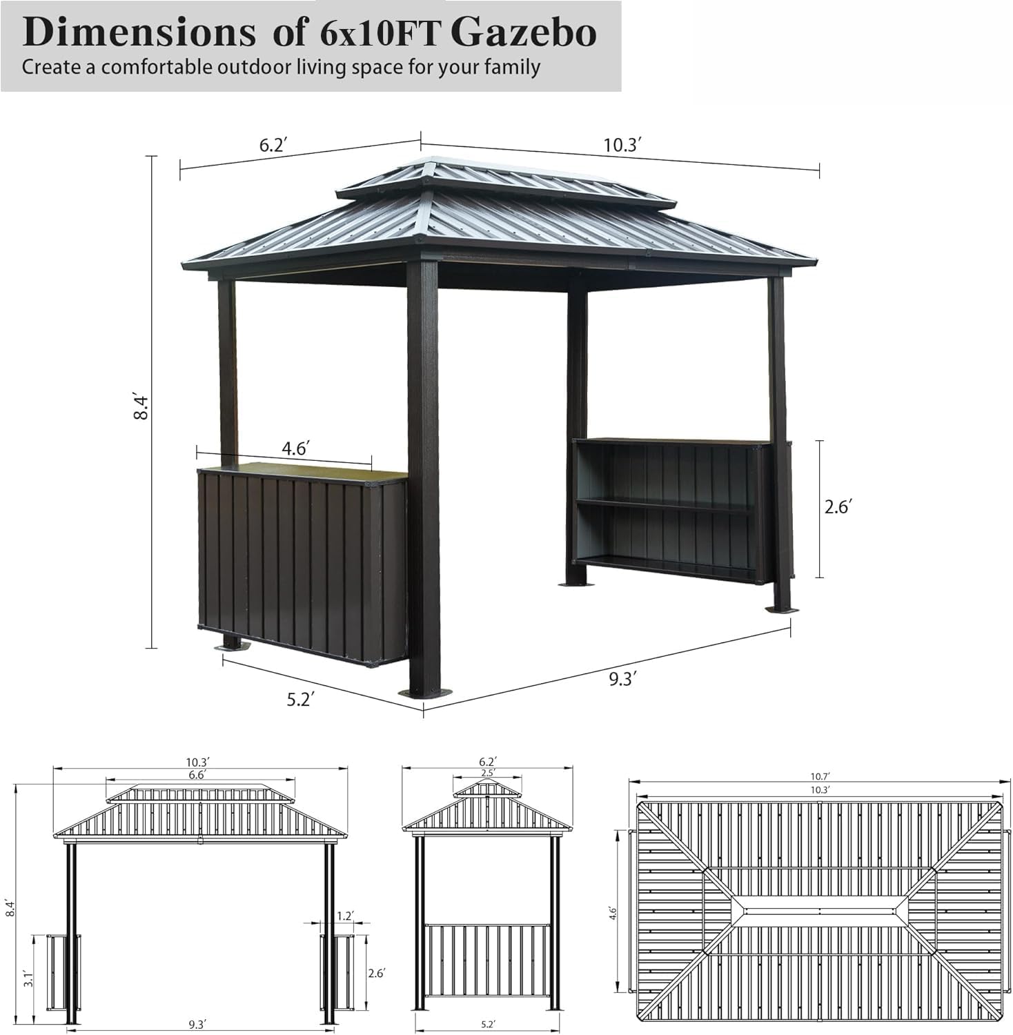 10' x 6' Hardtop Grill Gazebo with Double Galvanized Steel Roof, 2 Storage Cabinets & Ceiling Hooks - Outdoor BBQ Shelter for Patio, Backyard, Lawn, Garden, Brown