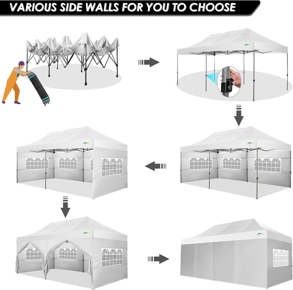 COBIZI 10x20 Heavy Duty Pop up Canopy Tent with 6 sidewalls Easy Up Commercial Outdoor Wedding Party Tents for Parties All Season Wind & Waterproof Gazebo Roller Bag, White(Frame Thickened)