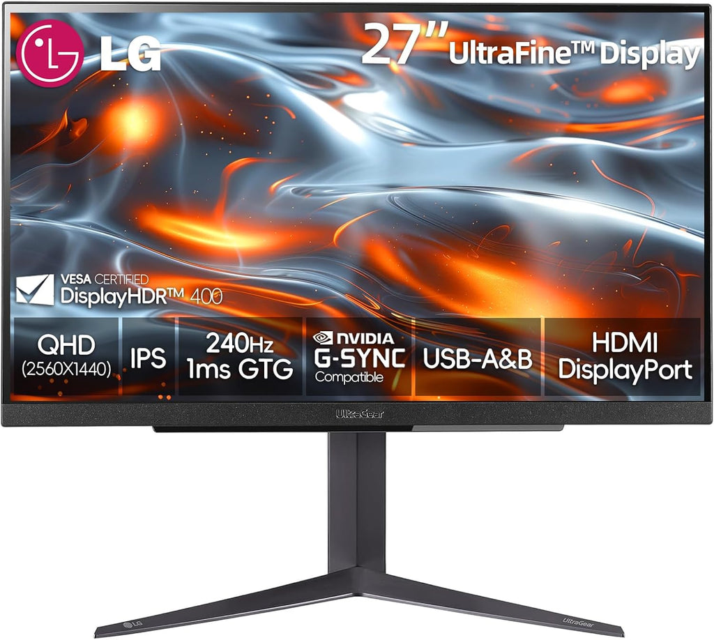 LG 27 inch Ultragear QHD (2560x1440) IPS Gaming Monitor, 240Hz, 1ms, G-Sync AMD FreeSync Premium, 100% sRGB, HDR400, 1 x DisplayPort, 2 x HDMI, 4-Pole HP Out DTS GP:X, Tilt/Height/Pivot Stand, Black